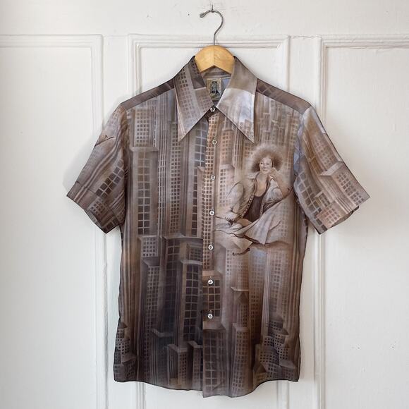 70s Polyester Kennington Disco Skyscraper Metropolis Shirt AllOver Print Men's - Picture 1 of 9